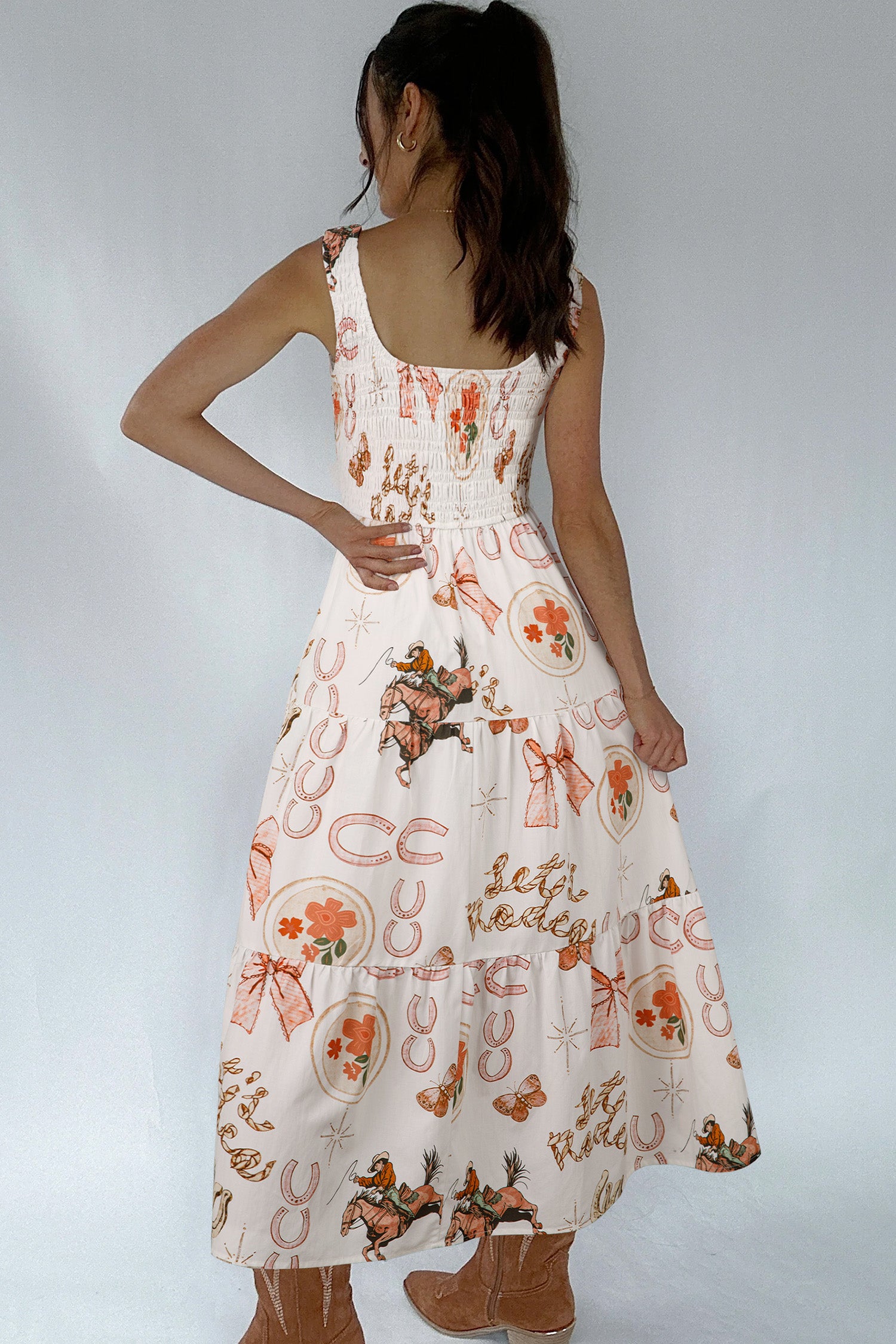 White Western Horseshoe Print U-Neck Sleeveless Midi Dress