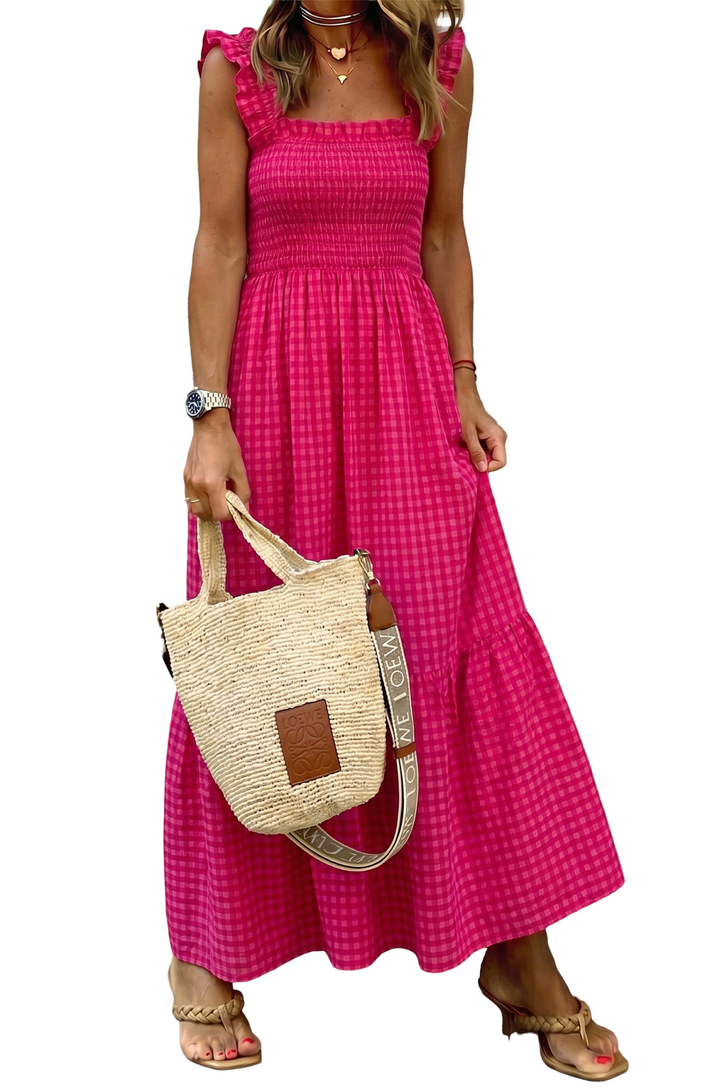 Red Plaid Square Neck Fit-and-flared Vacation Sundress