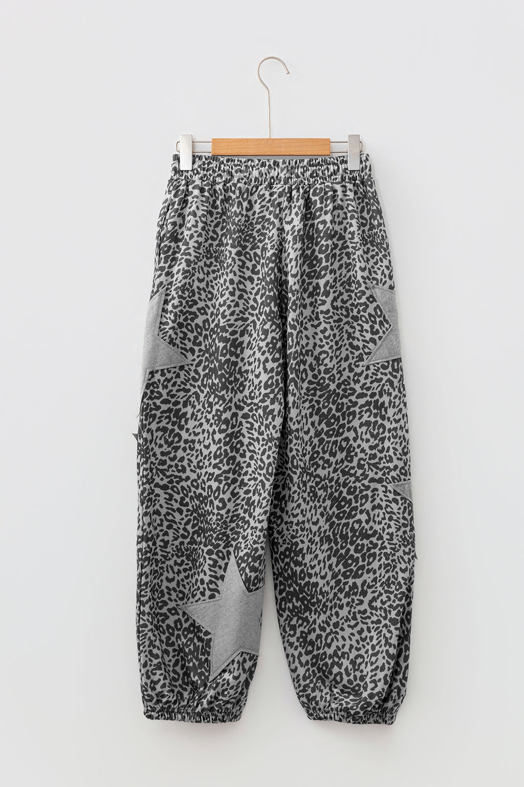 Gray Leopard Print Star Patched Drawstring Elastic Waist Jogger Pants