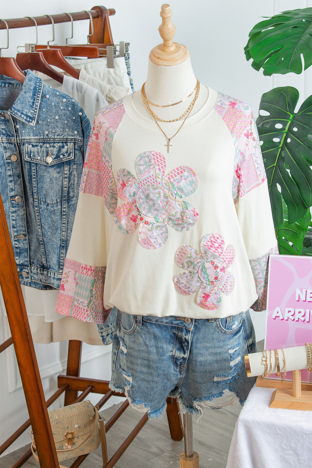 Beige Color Block Retro Floral Patchwork Long Sleeve Top