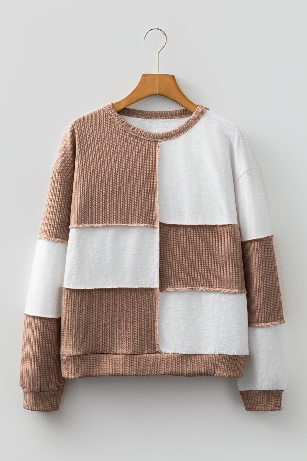 Dark Khaki Colorblock Checkered Raw Seamed Round Neck Knitted Jumper