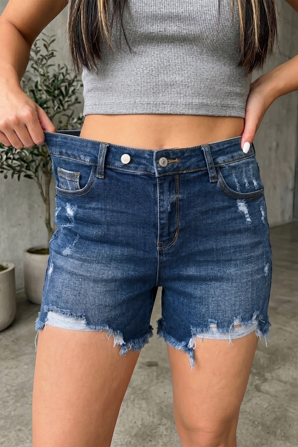 Sail Blue Asymmetric Raw Hem Distressed Whiskery Denim Shorts