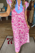 Pink Floral Print Color Block Patchwork V Neck Short Sleeve Midi Dress