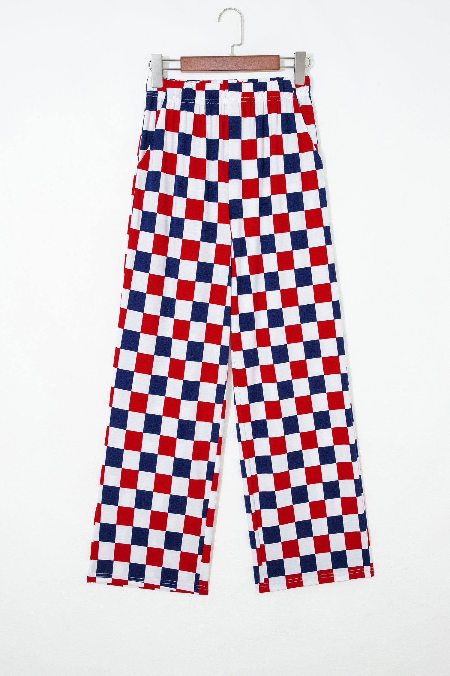 Red 2-Tone Checked Print High Waist Wide Leg Pants