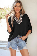 Black Dolman Half Sleeve Leopard Patchwork Trim V Neck Blouse
