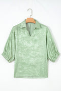 Clearly Aqua Collared V Neck Half Sleeve Metallic Top