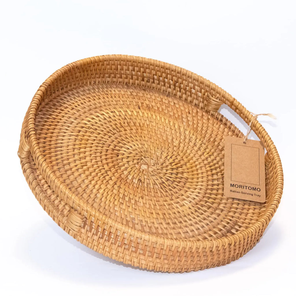 14 Decorative Serving Tray Natural Round Rattan Tray with 2 Handles Hand Woven Tray for Coffee Table Fruit Remote Controls Keys and Home Decor