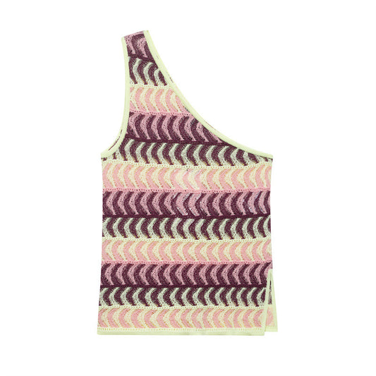 Texture Knitted Asymmetric Oblique Shoulder Tops