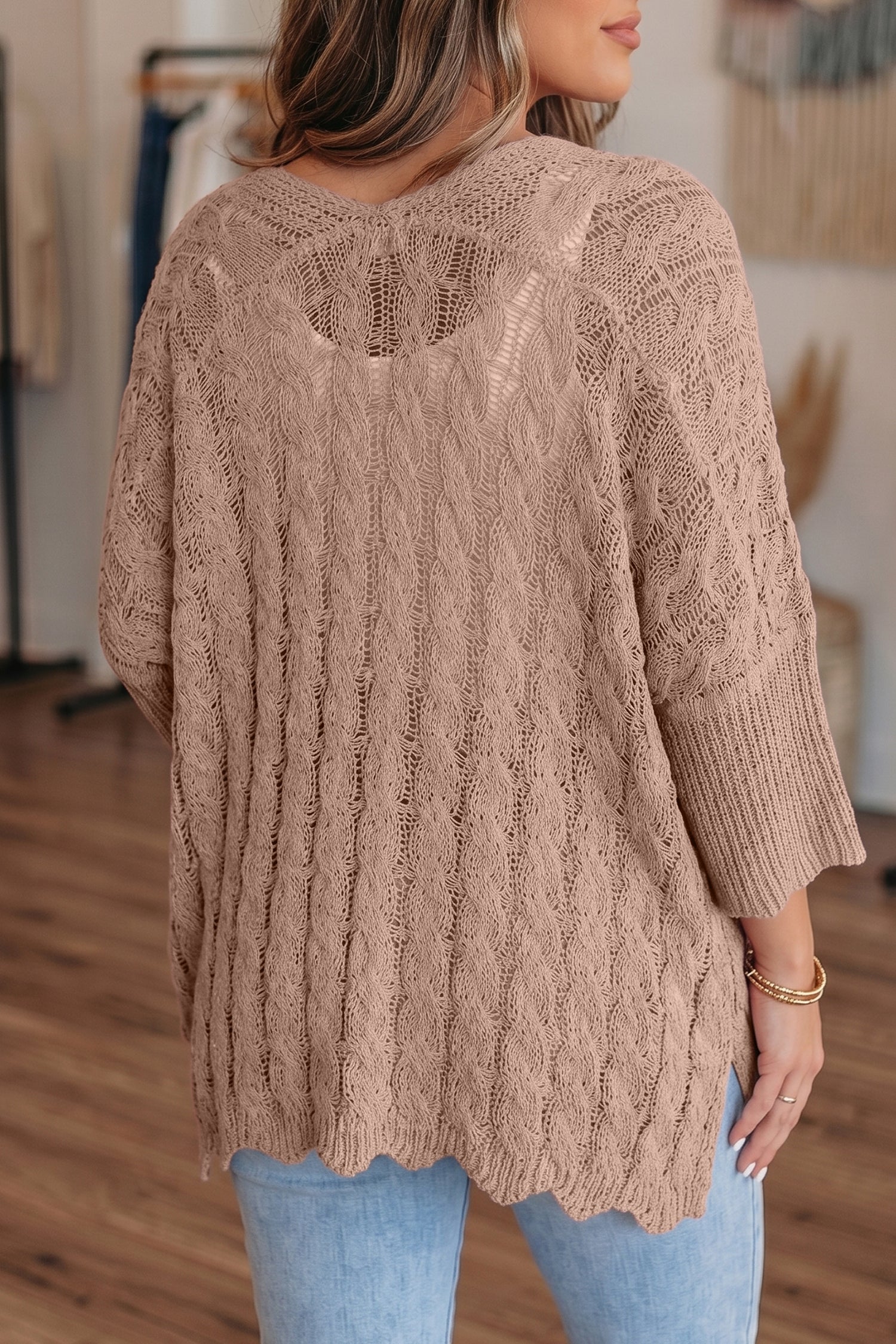 Pink Drop Shoulder Crochet Knit Open Front Cardigan