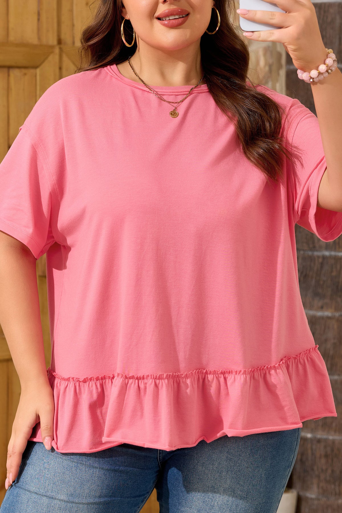 Peach Blossom Solid Color Raw Seam Detail Ruffle Hem Plus Size T Shirt