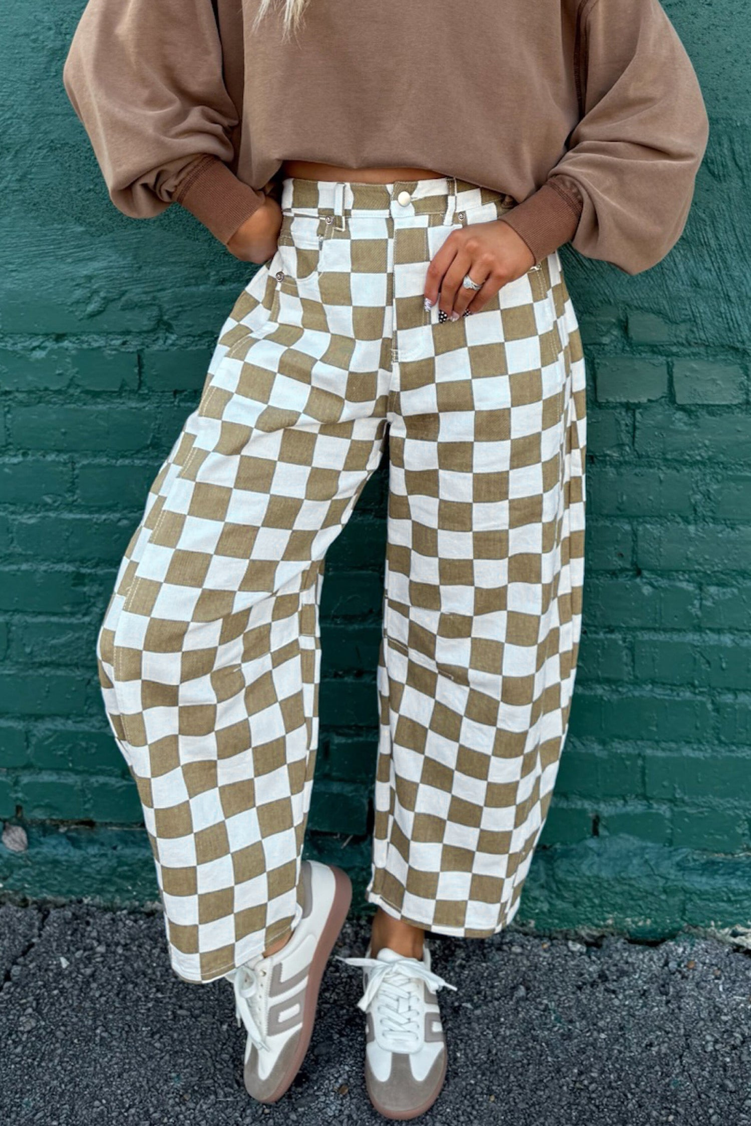 White Checkered Print Denim Barrel Pants