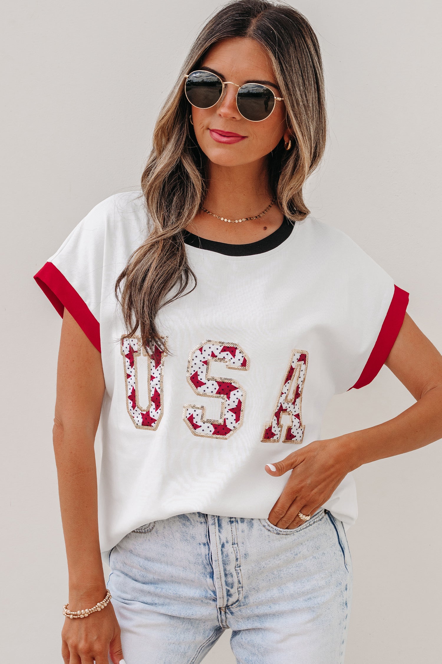 White USA Sequin Color Block Trim Loose T Shirt
