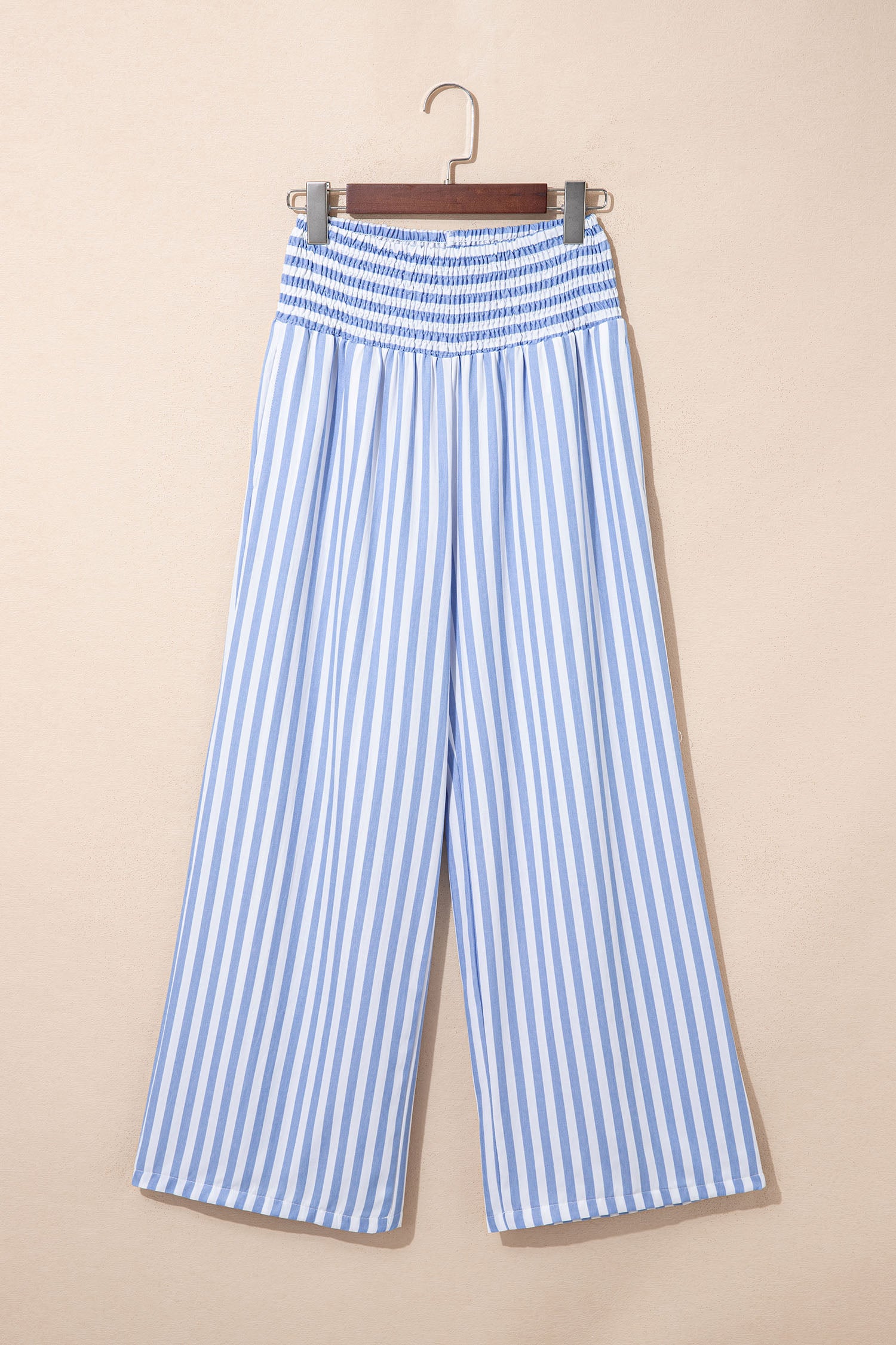Sky Blue Stripe Shirred High Waist Loose Summer Pants