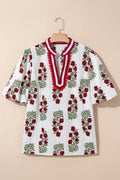 White Plus Size Floral Print Ricrac Striped Trim Short Sleeve Cotton Blouse