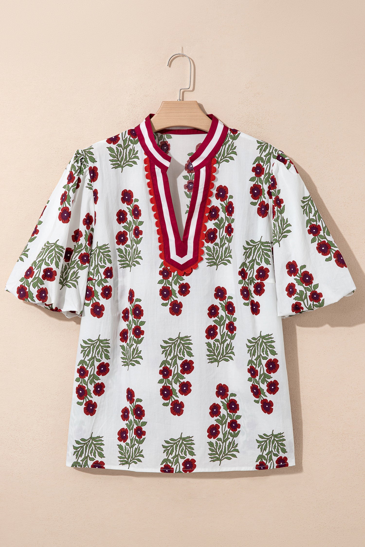 White Plus Size Floral Print Ricrac Striped Trim Short Sleeve Cotton Blouse