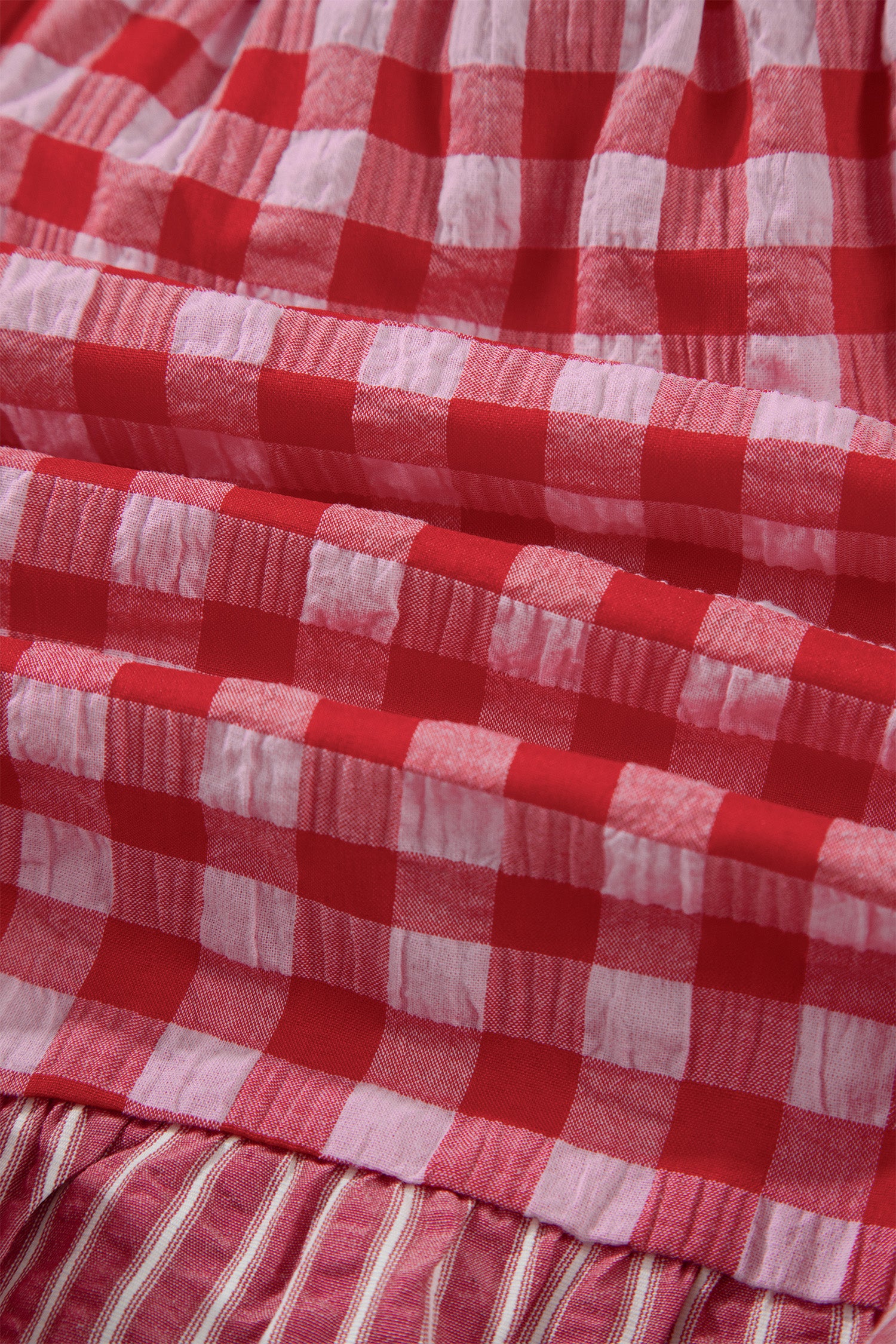 Red Gingham Print Ruffle Striped Detail Lace Tie Shorts