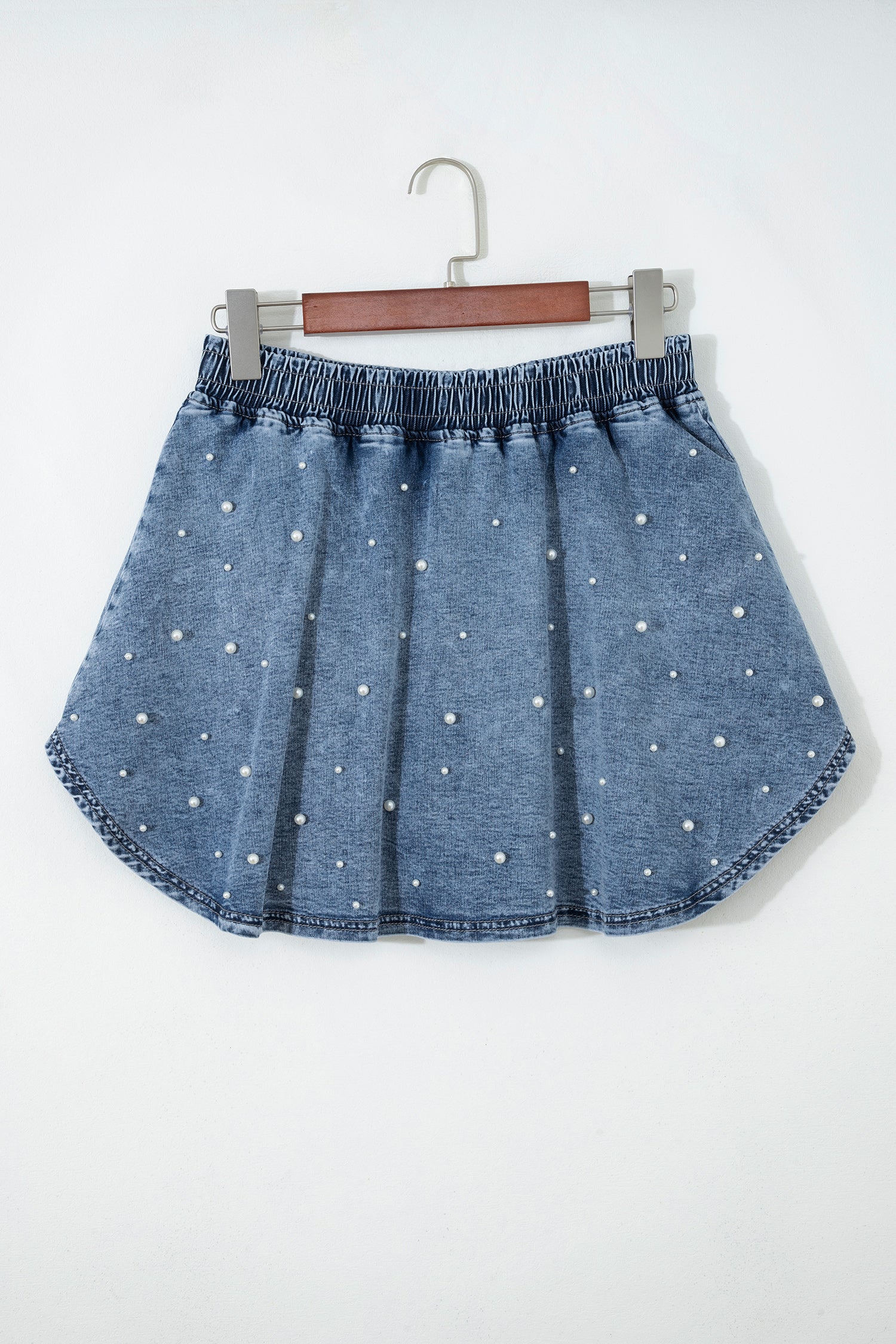 Ashleigh Blue Denim Pearl Embellished Elastic Waist Mini Skort