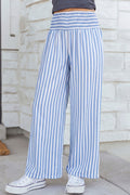 Sky Blue Stripe Shirred High Waist Loose Summer Pants