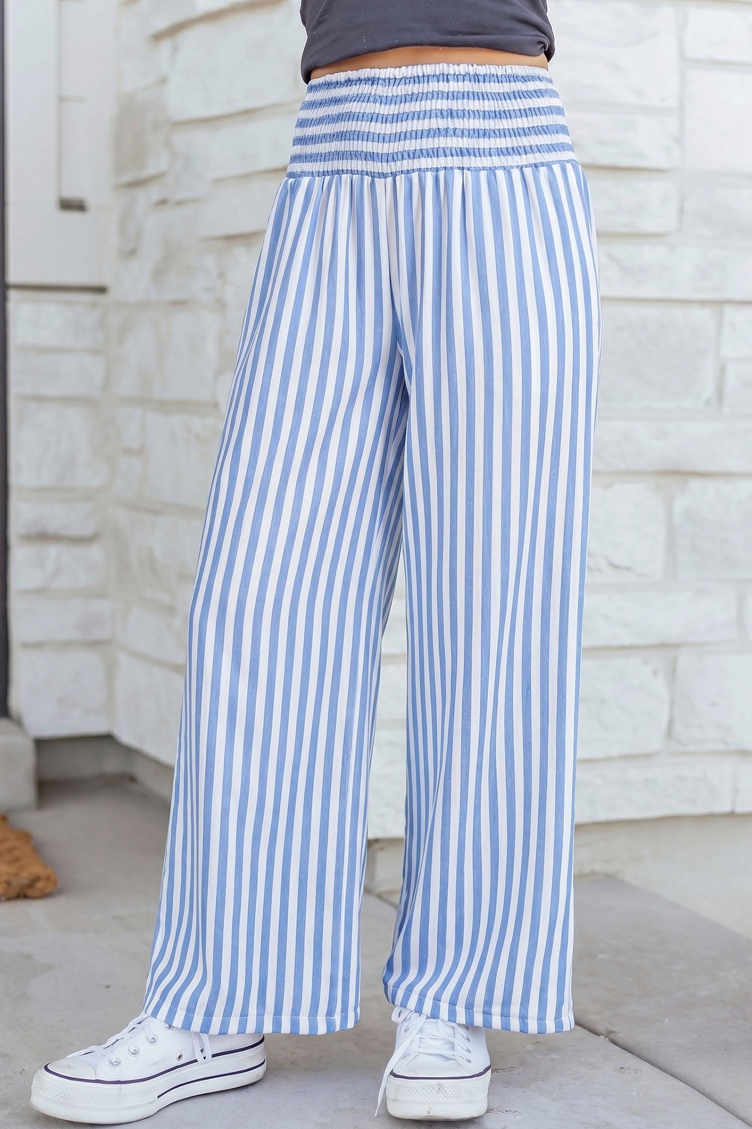 Sky Blue Stripe Shirred High Waist Loose Summer Pants