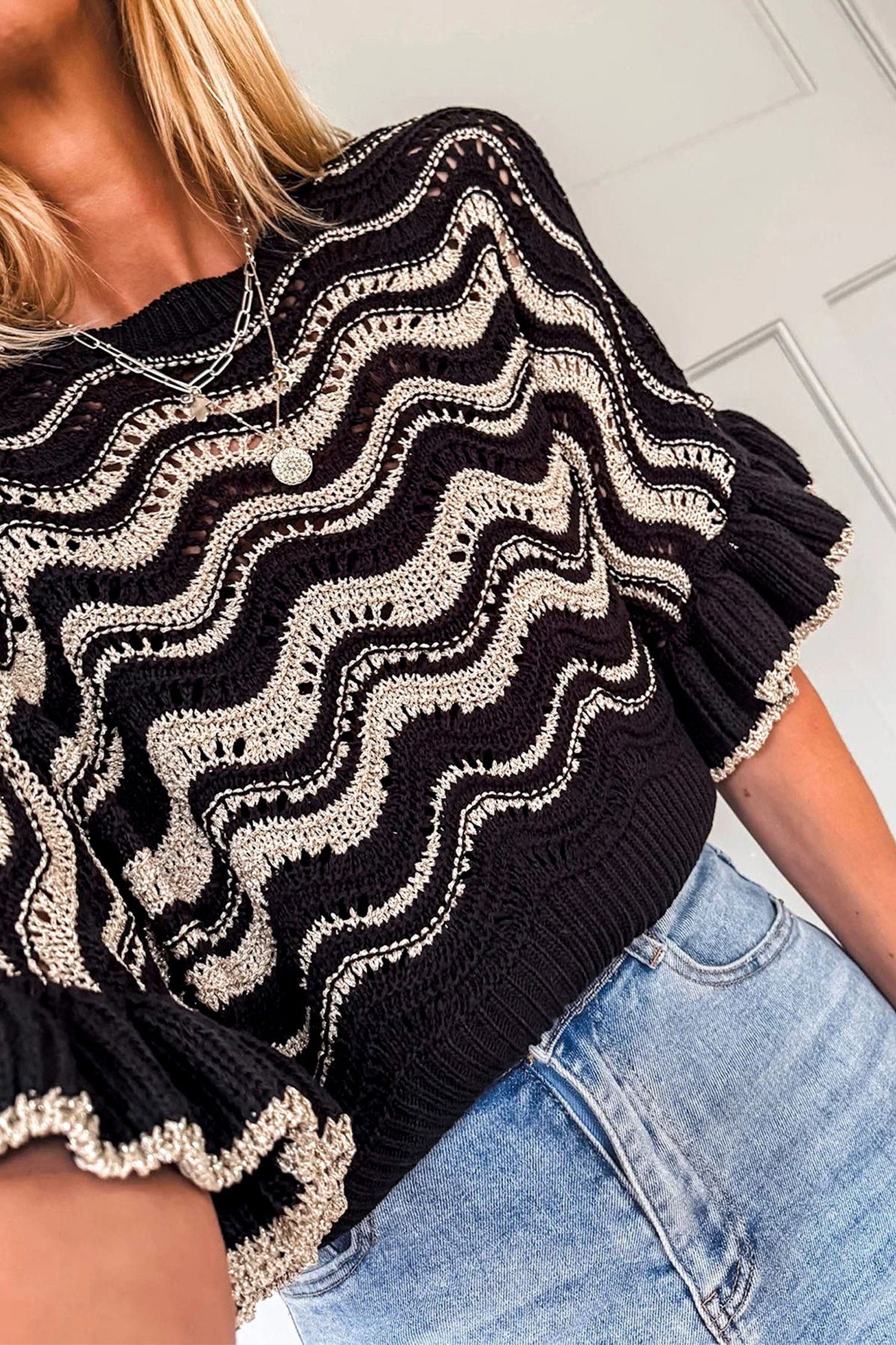 Black Stripe Wavy Crochet Eyelet Detail Ruffle Half Sleeve Sweater
