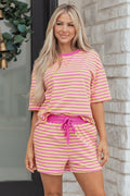 Rose Stripe Drop Shoulder Boxy Casual Terry Short Set