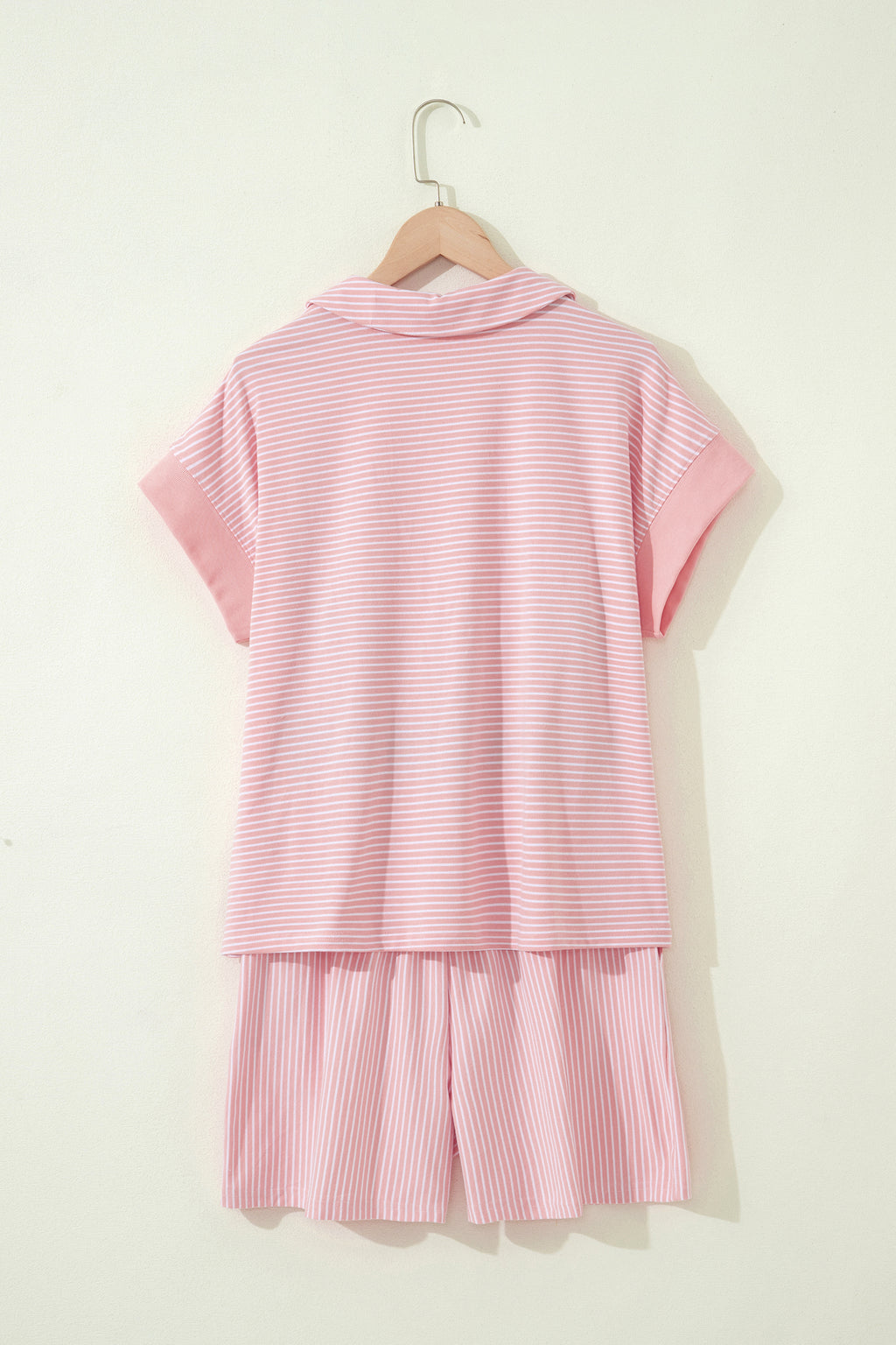 Pink Stripe Dolman Sleeve Polo Shirt and Drawstring Shorts Set
