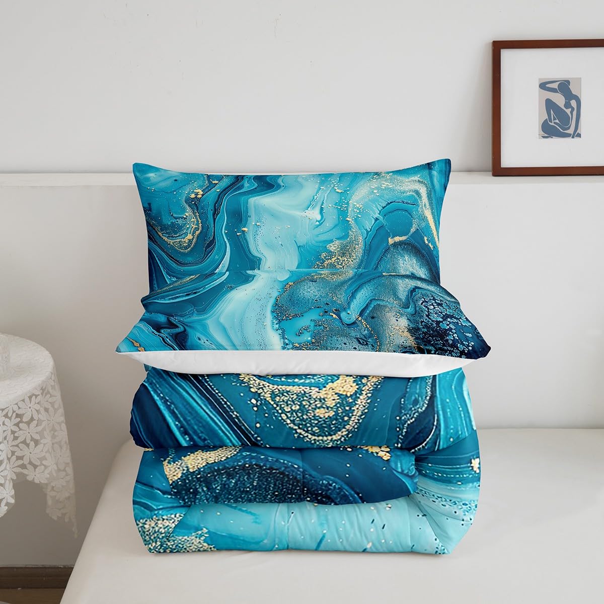 Erosebridal Golden Marble Grain Bedding Set Queen,Gradient Marble Texture Duvet Insert Marble Pattern Printed Abstract Comforter Set Ink Fluid Art Bed Quilt Pastel Purple Teal Green Marble Decor