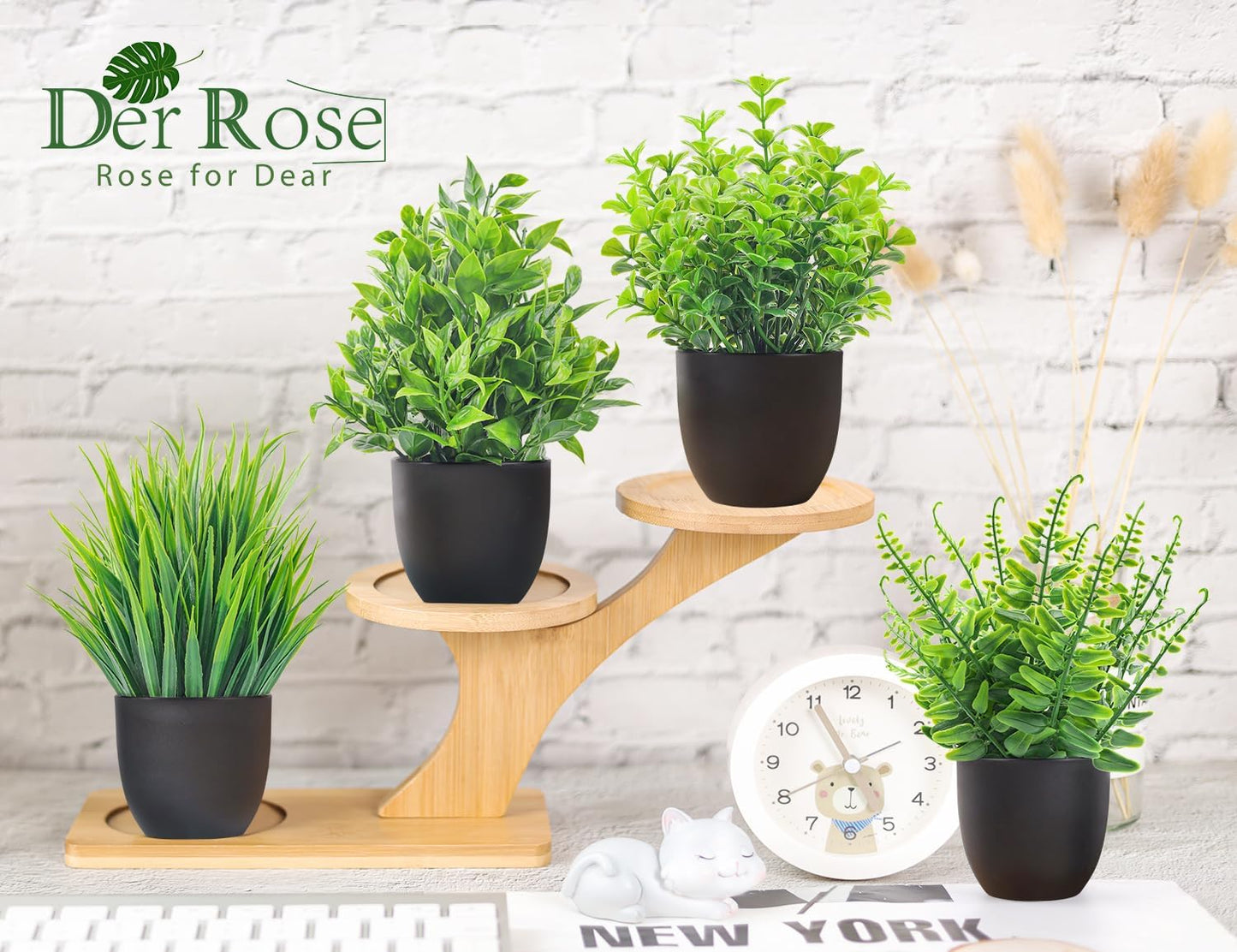 Der Rose Fake Plants 4 Packs Artificial Plants Small Faux Plants Black Bathroom Accessories for Bathroom Home Office Desk Decor Indoor