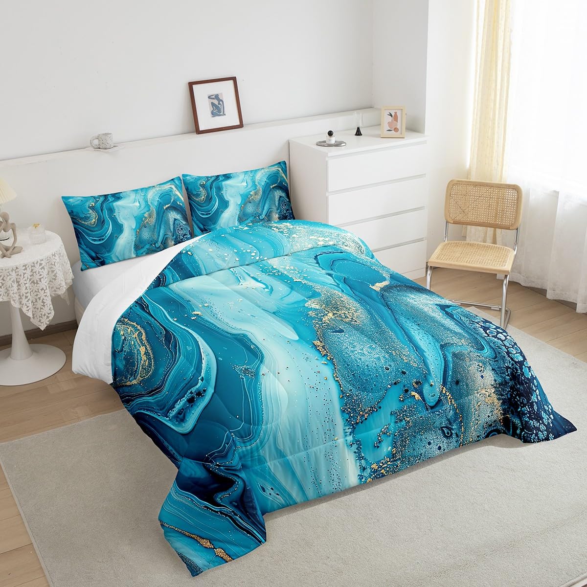 Erosebridal Golden Marble Grain Bedding Set Queen,Gradient Marble Texture Duvet Insert Marble Pattern Printed Abstract Comforter Set Ink Fluid Art Bed Quilt Pastel Purple Teal Green Marble Decor