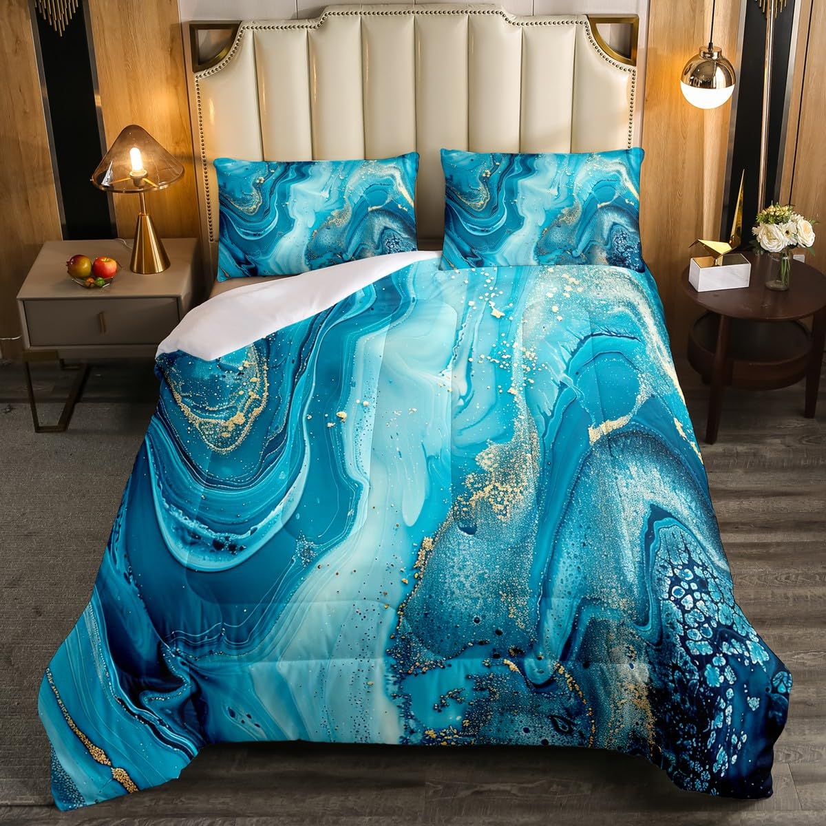 Erosebridal Golden Marble Grain Bedding Set Queen,Gradient Marble Texture Duvet Insert Marble Pattern Printed Abstract Comforter Set Ink Fluid Art Bed Quilt Pastel Purple Teal Green Marble Decor