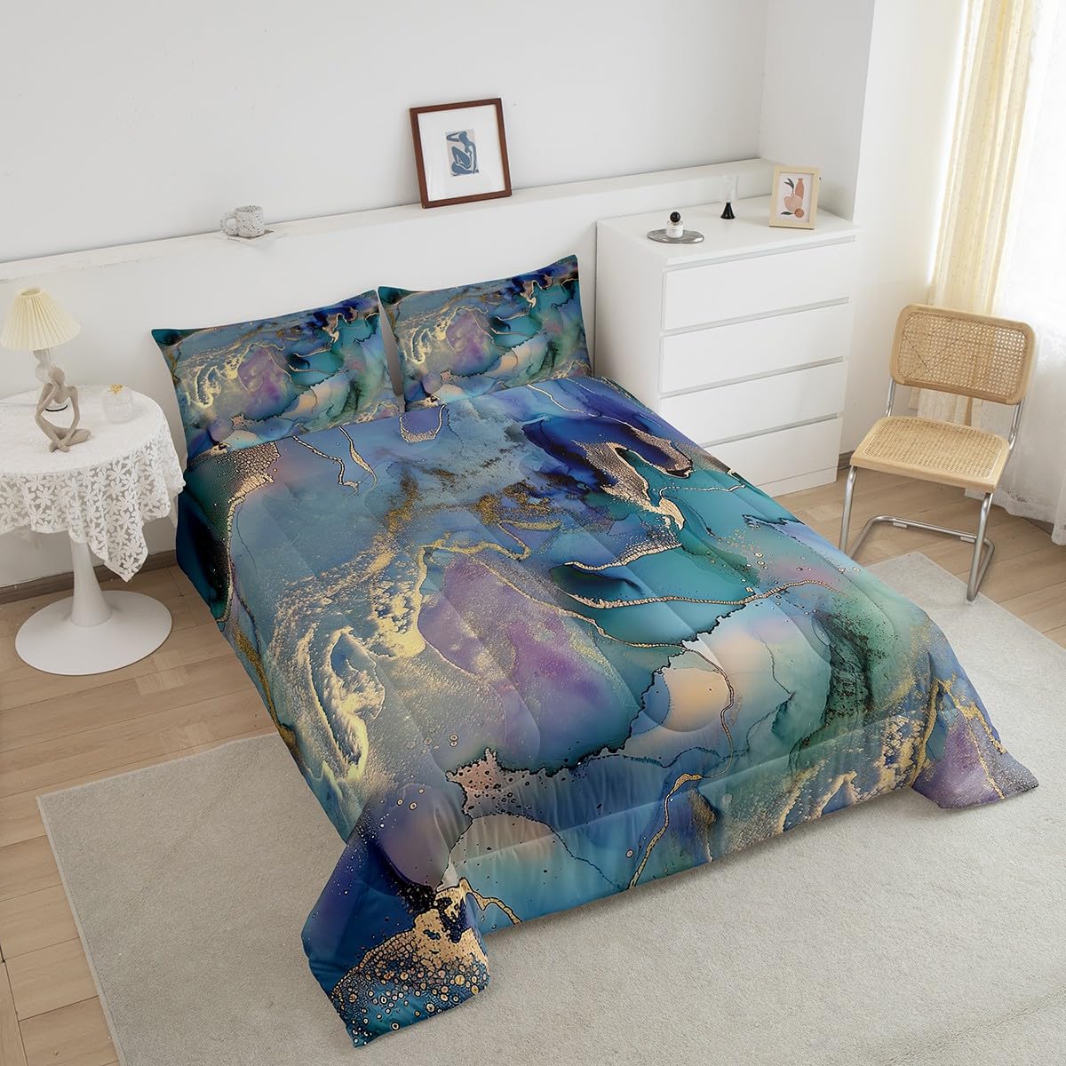 Erosebridal Golden Marble Grain Bedding Set Queen,Gradient Marble Texture Duvet Insert Marble Pattern Printed Abstract Comforter Set Ink Fluid Art Bed Quilt Pastel Purple Teal Green Marble Decor