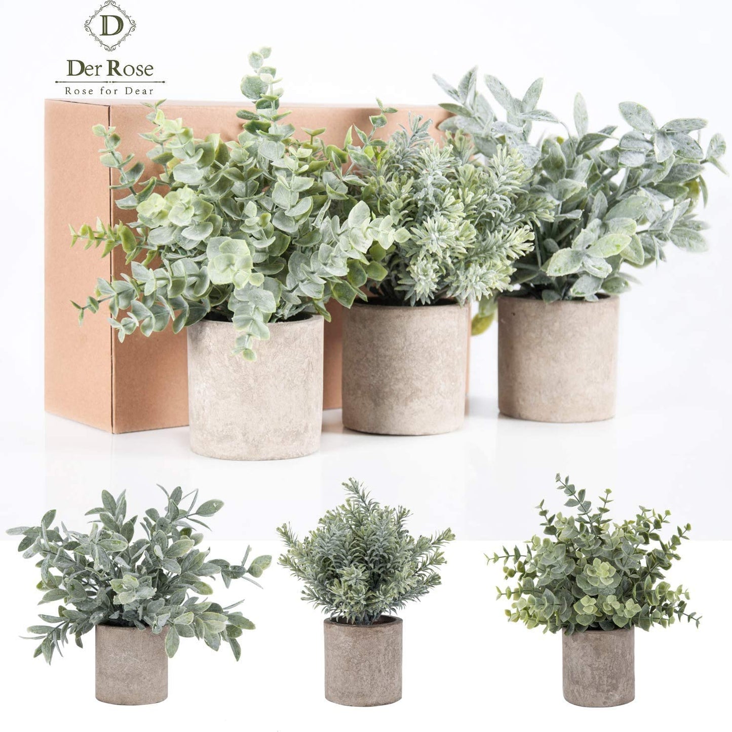 Der Rose 3 Pack Mini Potted Fake Plants Artificial Plastic Eucalyptus Plants Topiaries for Home Office Desk Farmhouse Room Decor