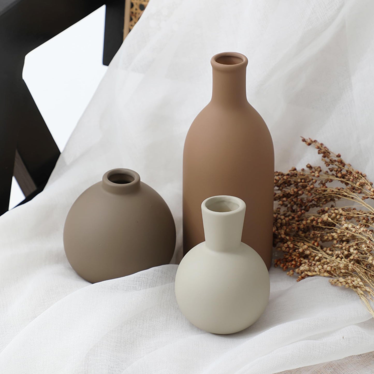 Ceramic Vase Set of 3, Vases Home Decor Rustic Vase Farmhouse Decor Vase Terra Cotta Pottery Vases for Bouquet Pampas Grass Dried Fresh Flowers, Living Room, Kitchen, Bedroom, Bathroom - Brown