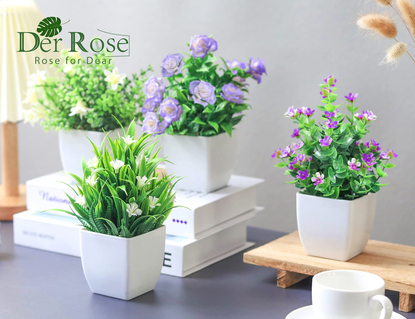 Der Rose 4 Pack Small Fake Plants Mini Artificial Faux Plants with Flowers for Home Room Farmhouse Bathroom Decor Indoor