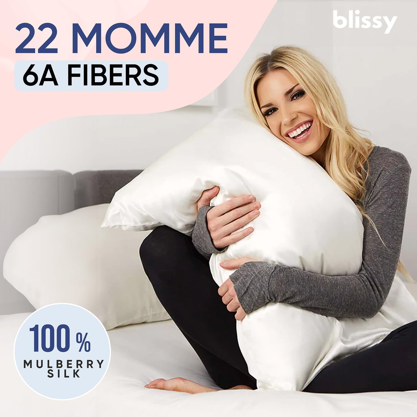 Blissy Silk Pillowcase - 100% Pure Mulberry Silk - 22 Momme 6A High-Grade Fibers - Silk Pillow Cover for Hair & Skin - Regular, Queen & King with Hidden Zipper (Queen, Blissy White)