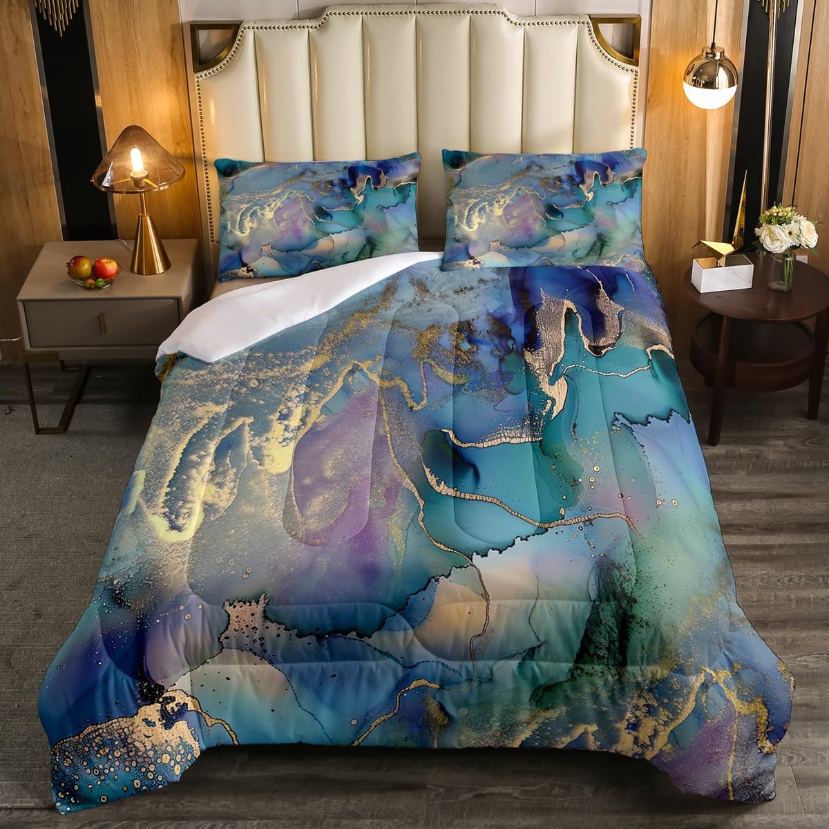 Erosebridal Golden Marble Grain Bedding Set Queen,Gradient Marble Texture Duvet Insert Marble Pattern Printed Abstract Comforter Set Ink Fluid Art Bed Quilt Pastel Purple Teal Green Marble Decor