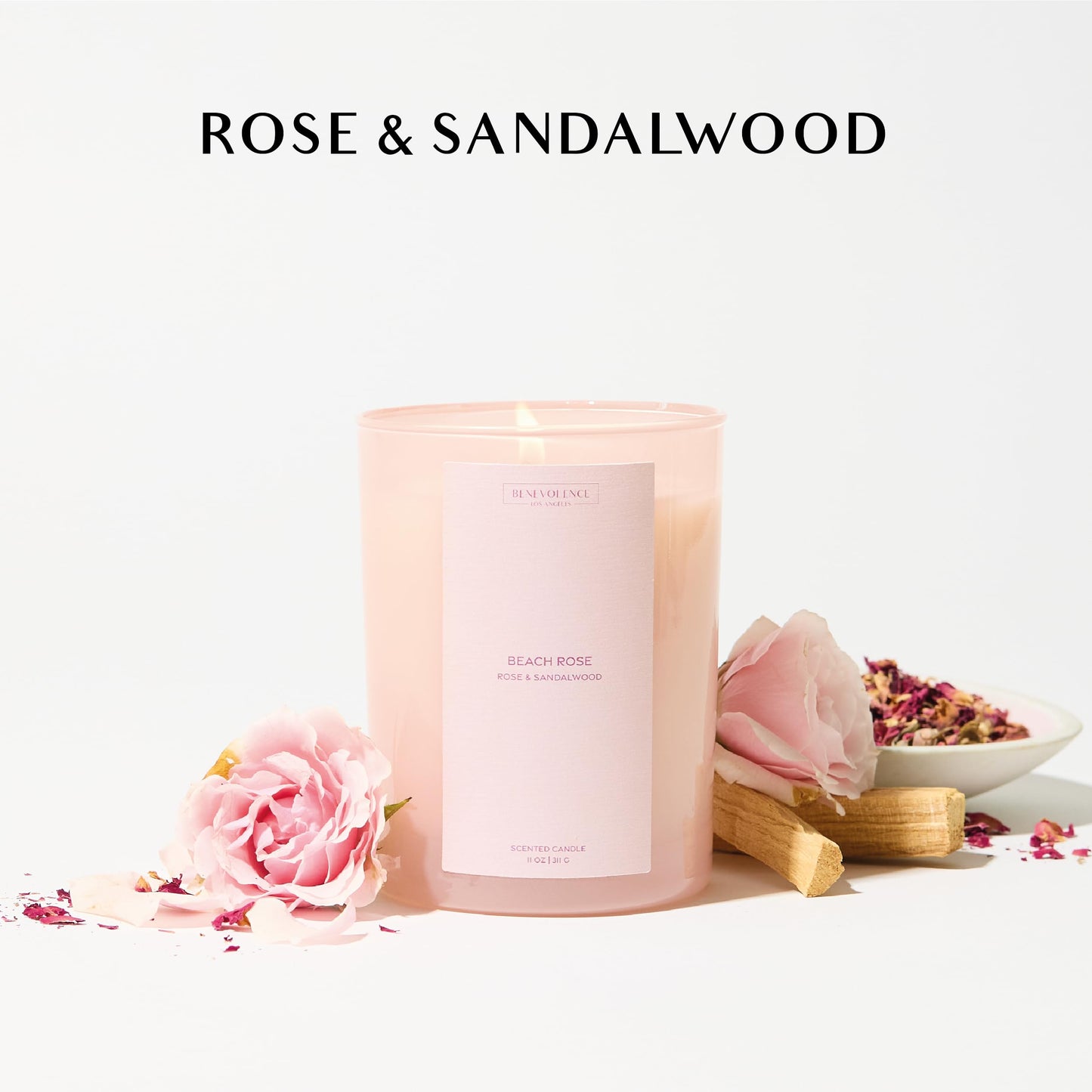 Benevolence LA Scented Candles - Rose & Sandalwood Scented Candle for Home | 11oz, 60-Hour Burn | Natural Wax, Cotton Wick | Sun-Kissed Collection