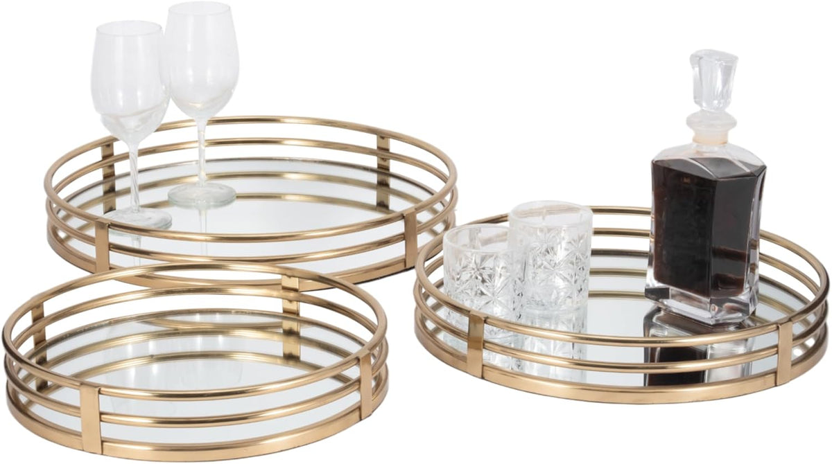 Set of 3 Round Mirrored Trays, Gold Metal Frame Decorative Serving & Vanity Trays, 14" 16" 18", Glam Home Decor