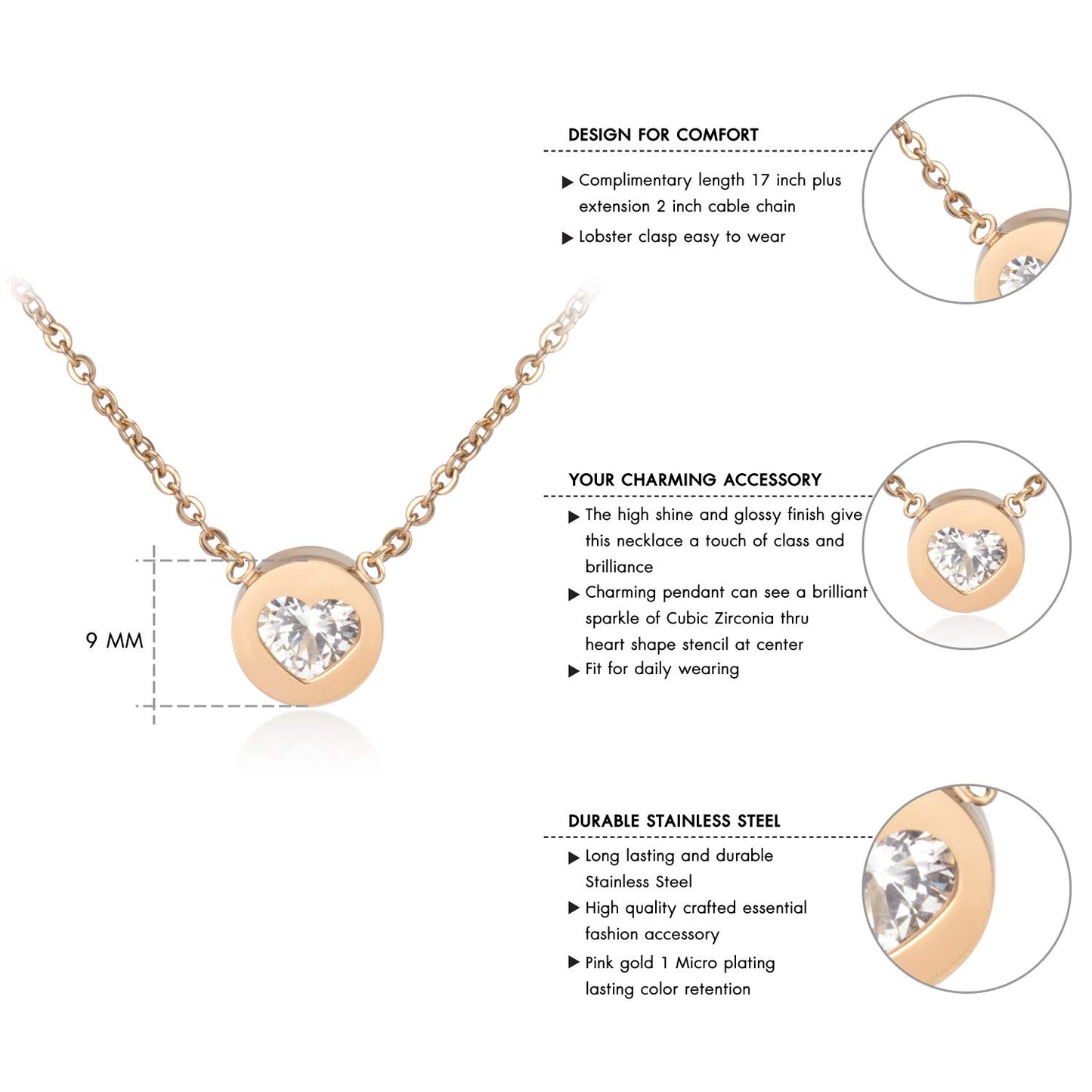 555Jewelry Womens Stainless Steel Heart CZ Engraved Round Disc Pendant Necklace