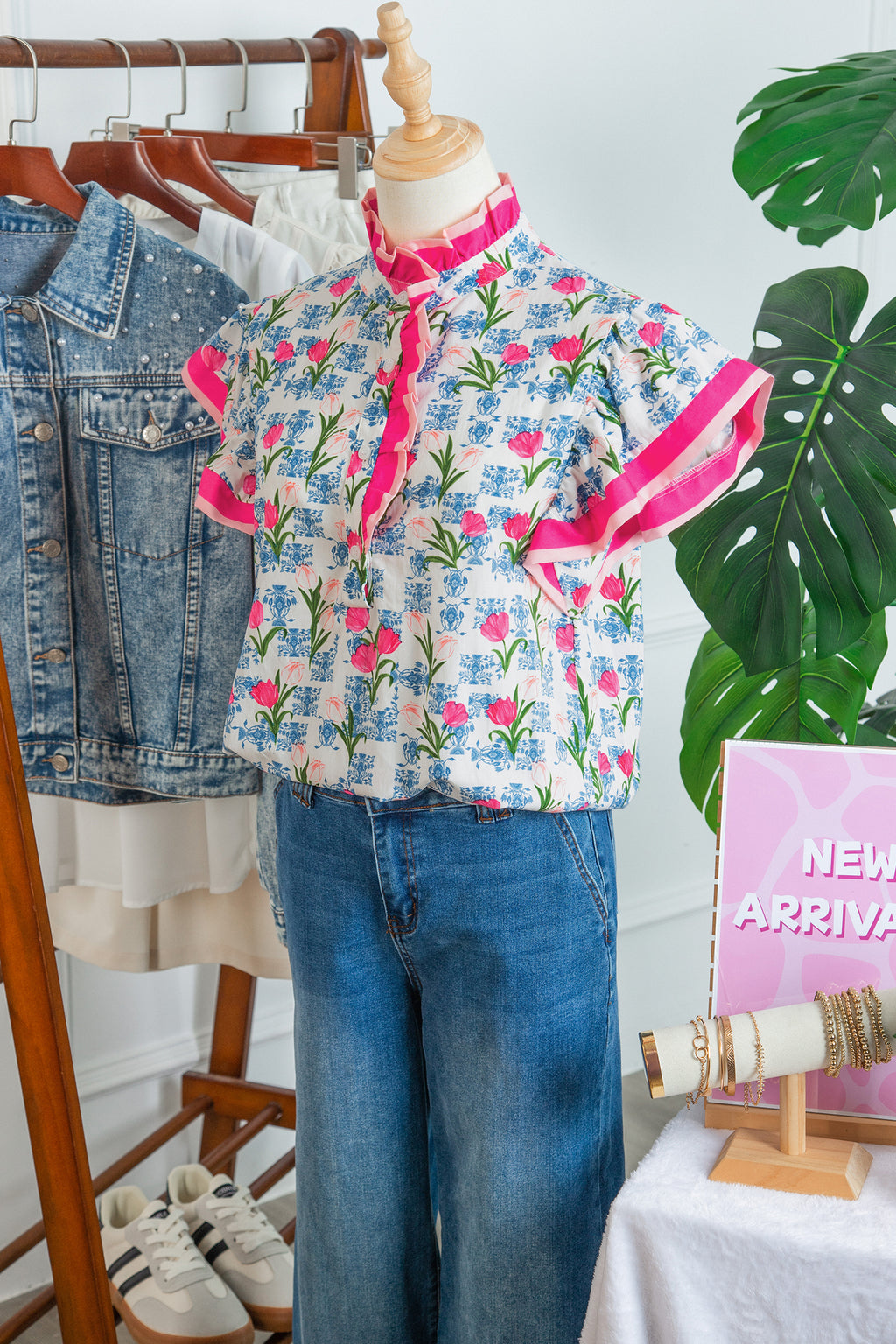 Rose Floral Print Color Block Striped Trim Flutter Sleeve Half Button Blouse