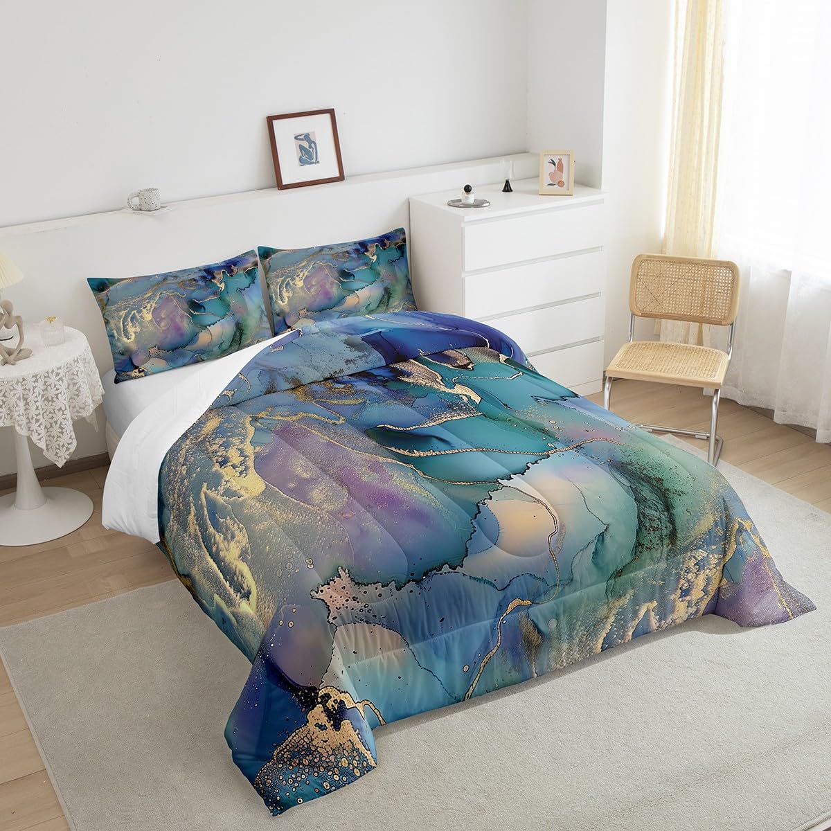 Erosebridal Golden Marble Grain Bedding Set Queen,Gradient Marble Texture Duvet Insert Marble Pattern Printed Abstract Comforter Set Ink Fluid Art Bed Quilt Pastel Purple Teal Green Marble Decor