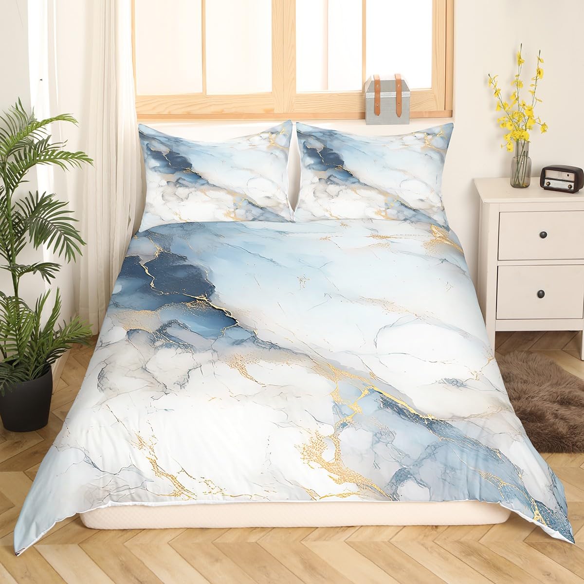 Feelyou Blue Marble Bedding Duvet Cover Set Modern Marble Aesthetic Bedding Set Retro Watercolor Artwork Design Comforter Cover Set Abstract Marble Texture Printed Bedspread Cover King, No Comforter