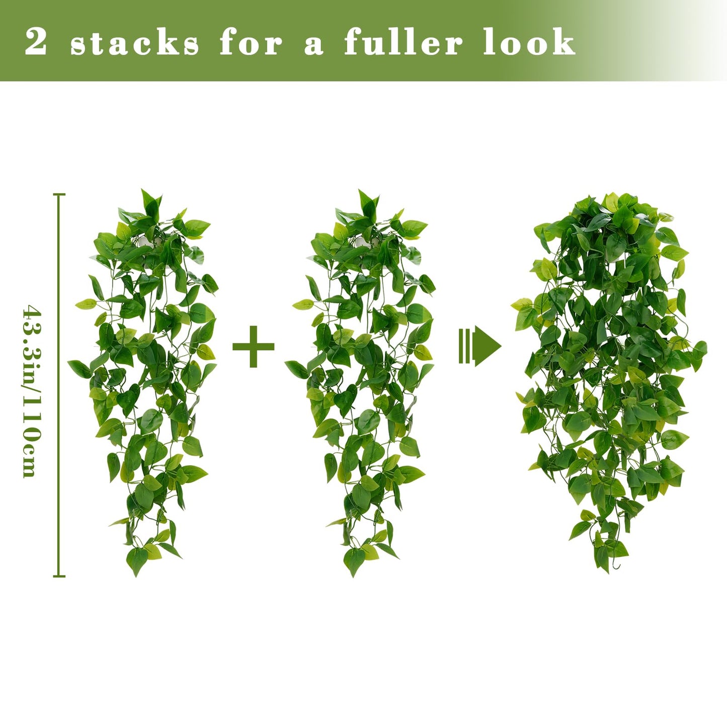 BLEUM CADE Fake Hanging Plants, 2pcs Artificial Hanging Plant, Faux Pothos Vines Hanging Plant Greenery for Wall Home Living Room Indoor Outdoor Decor (No Baskets)