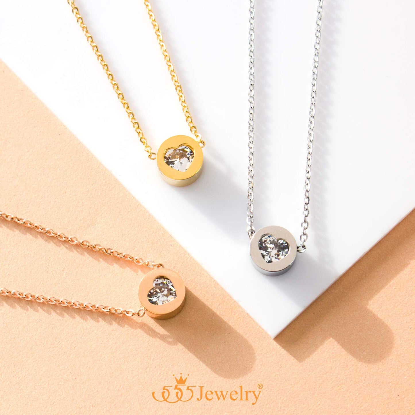 555Jewelry Womens Stainless Steel Heart CZ Engraved Round Disc Pendant Necklace