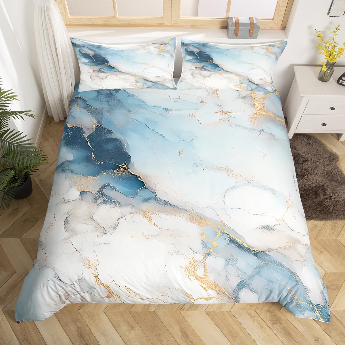 Feelyou Blue Marble Bedding Duvet Cover Set Modern Marble Aesthetic Bedding Set Retro Watercolor Artwork Design Comforter Cover Set Abstract Marble Texture Printed Bedspread Cover King, No Comforter