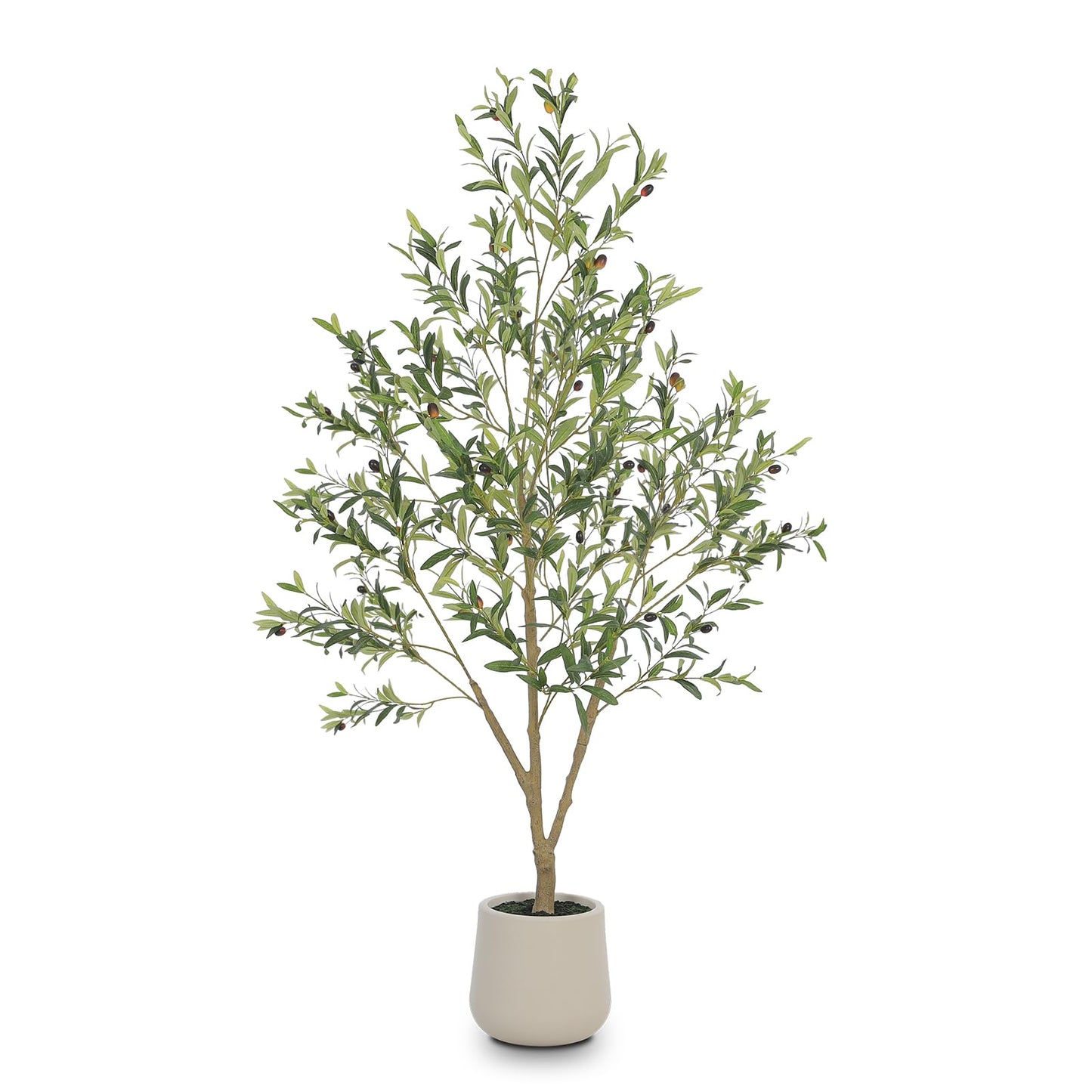 Olive Trees Artificial Indoor, 5FT Tall Faux Olive Tree with White Tall Planter, Artificial Plants with Natural Wood Trunk and Lifelike Fruits for Home Office Decor