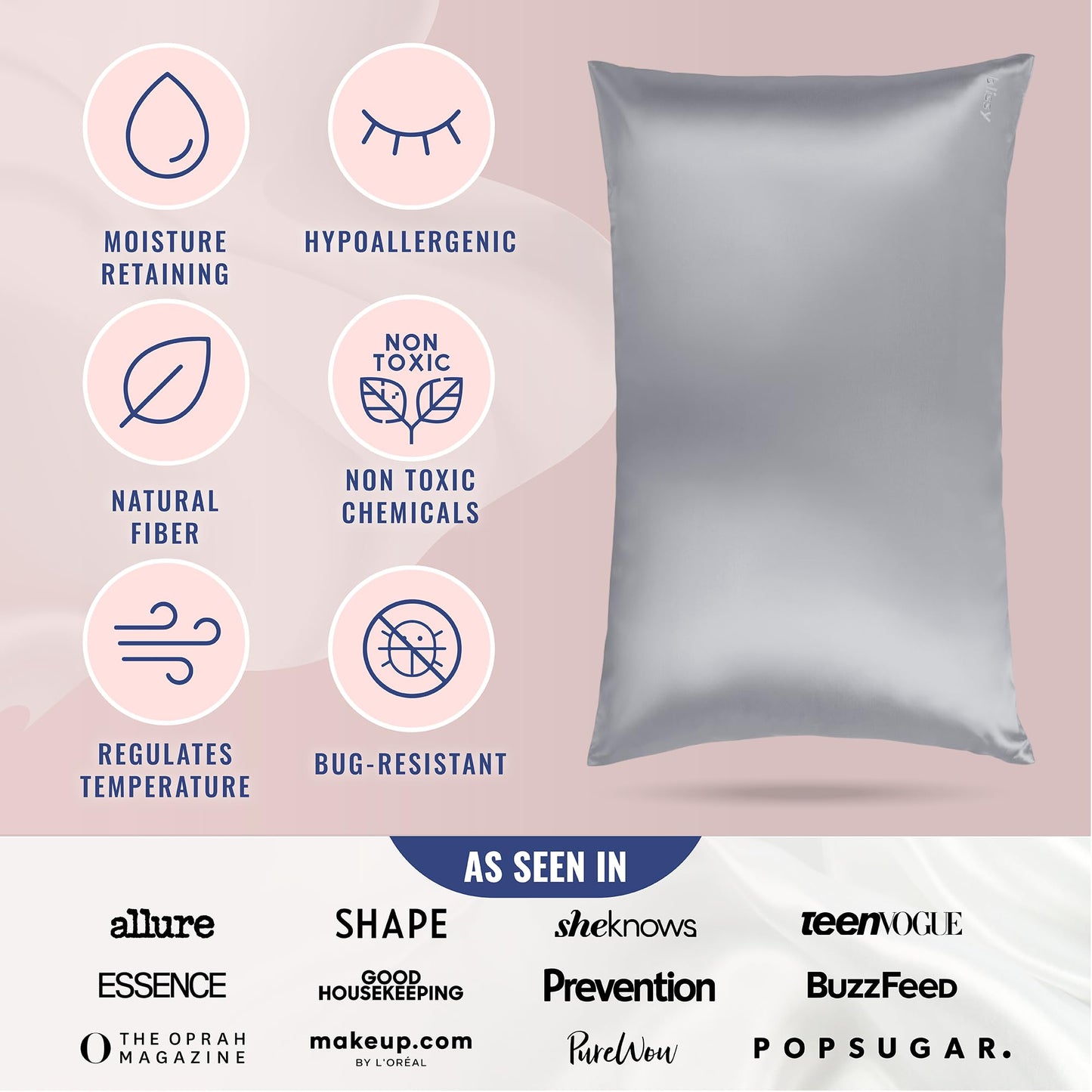 Blissy Silk Pillowcase - 100% Pure Mulberry Silk - 22 Momme 6A High-Grade Fibers - Silk Pillow Cover for Hair & Skin - Regular, Queen & King with Hidden Zipper (Queen, Blissy White)