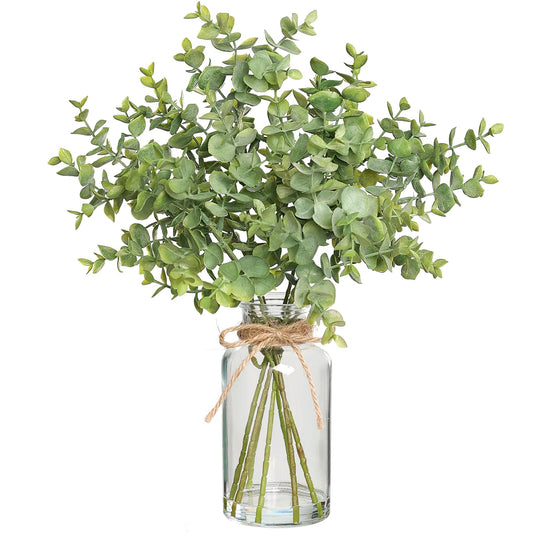 Zheart Fake Eucalyptus Stems in Glass Vase with Faux Water,14" Artificial Plants Eucalyptus Leaves for Shelf Desk Bathroom Farmhouse Room Coffee Table Home Decor (Sage Green)