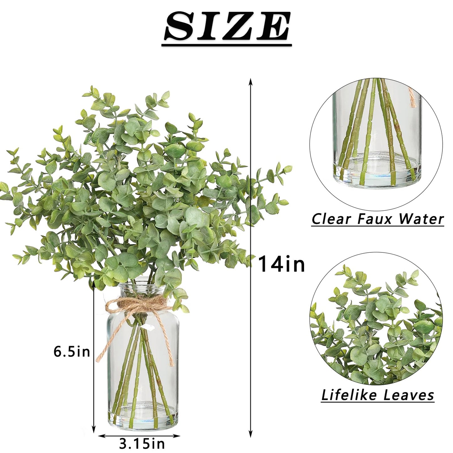 Zheart Fake Eucalyptus Stems in Glass Vase with Faux Water,14" Artificial Plants Eucalyptus Leaves for Shelf Desk Bathroom Farmhouse Room Coffee Table Home Decor (Sage Green)