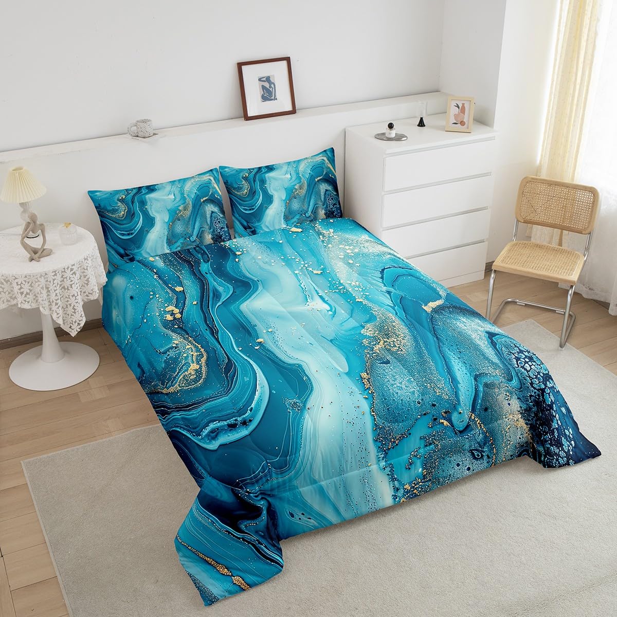 Erosebridal Golden Marble Grain Bedding Set Queen,Gradient Marble Texture Duvet Insert Marble Pattern Printed Abstract Comforter Set Ink Fluid Art Bed Quilt Pastel Purple Teal Green Marble Decor